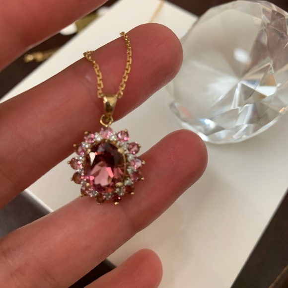 Pink Tourmaline & Diamond 14K YG SUNBURST Pendant w/ 18” Chain - Picture 5 of 10